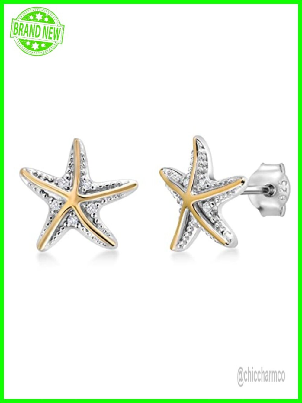 Lab Grown Diamond Starfish Stud Earrings 10K Yellow Gold 925 Sterling Silver